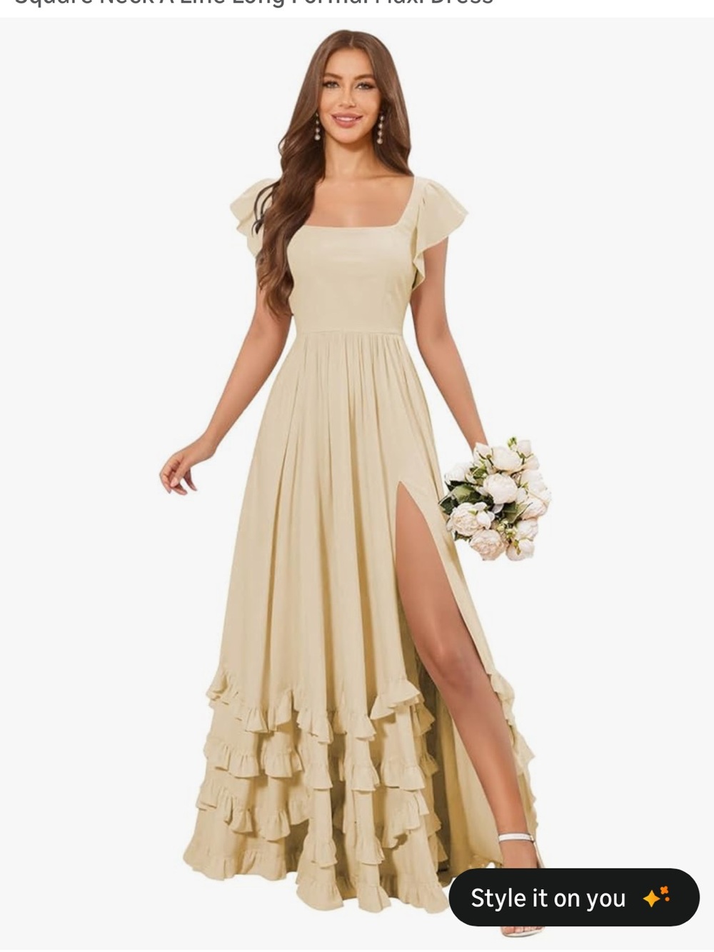 Amazon Light Beige Square Neck Ruffle Maxi Dress with High Slit